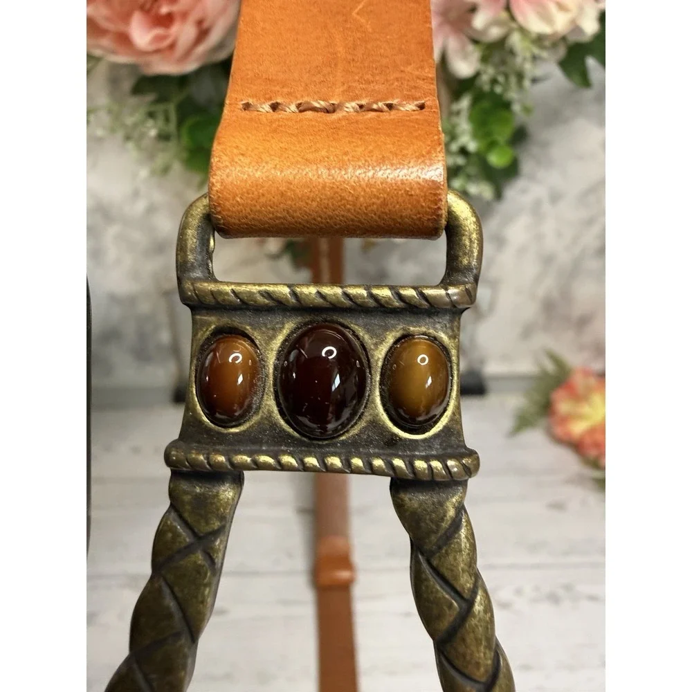 Chicos Italian Leather Brass Tone Waist Belt Size M/L Adjustable Hook Gemstones‎